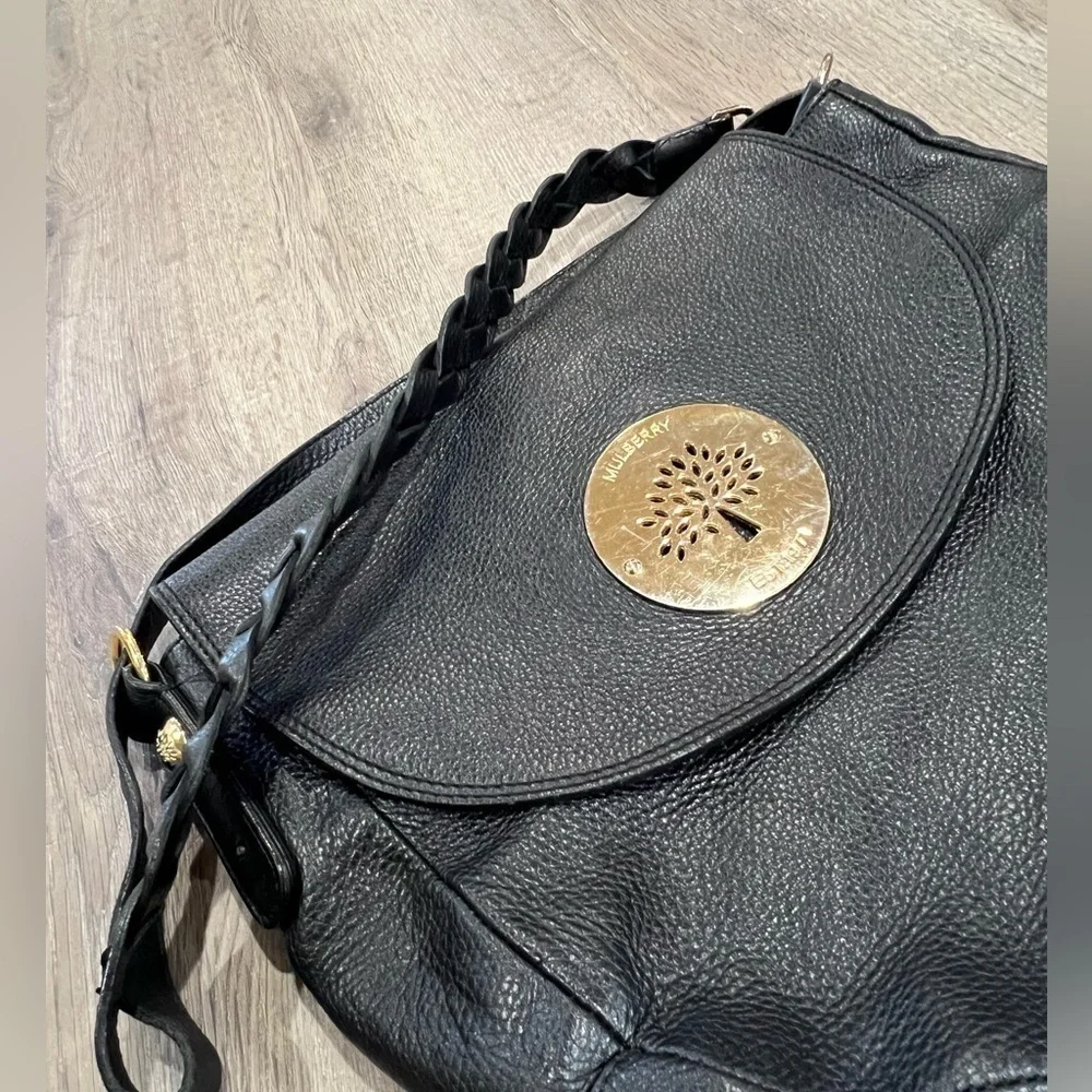 Mulberry Vintage Black Pebble Leather Gold Accent Woven Strap Satchel Bag Purse